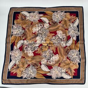 Barrie Pace LTD Silk Scarf Made in Italy Burgundy Navy Tan Floral 34.5" Square